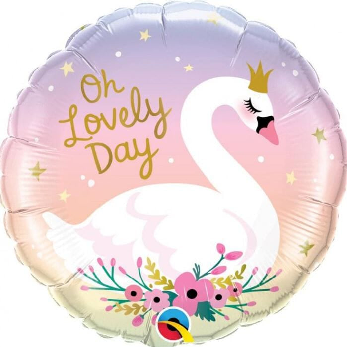 Кръгъл фолио балон с цветен принт на лебед и надпис Oh Lovely Day, 46 см, подходящ за хелий, за рождени дни, кръщенета и празници, Emotions Factory.