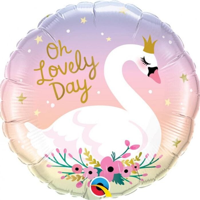 Кръгъл фолио балон с цветен принт на лебед и надпис Oh Lovely Day, 46 см, подходящ за хелий, за рождени дни, кръщенета и празници, Emotions Factory.