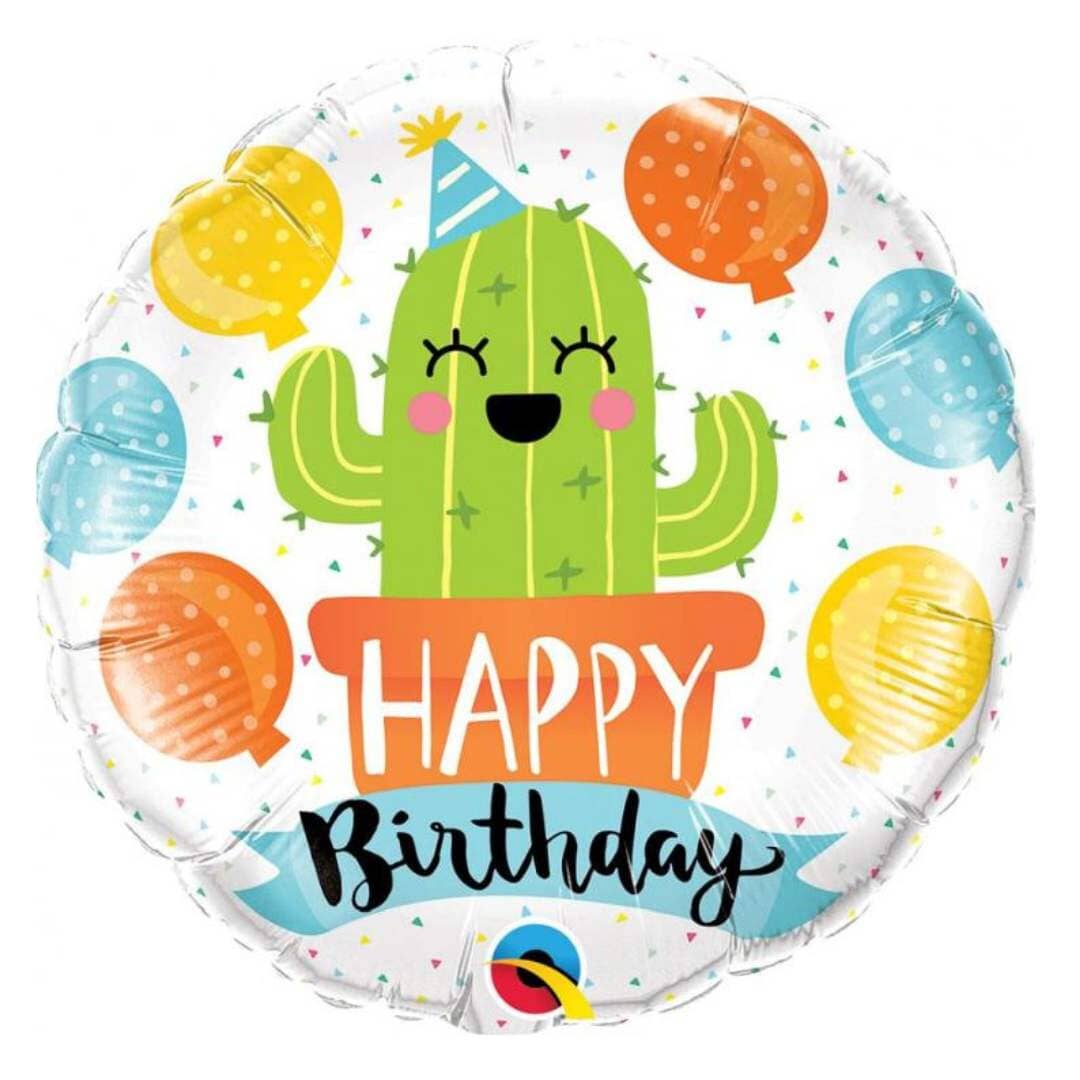 Фолио балон с щампа на кактус и надпис Happy Birthday, 46 см, подходящ за хелий, перфектен за детски рожден ден с тематична декорация, Emotions Factory.