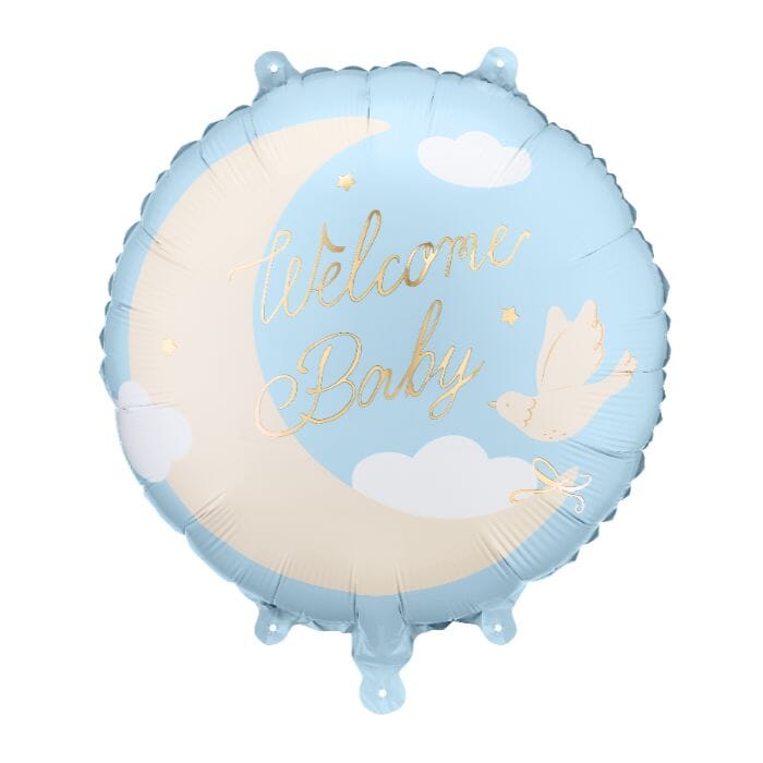 Фолиев балон с надпис Welcome Baby в светлосин цвят, размер 35 x 35 см, подходящ за пълнене с въздух или хелий, идеален за бебешко парти, изписване и украса за новородено момченце, Emotionsfactory.bg