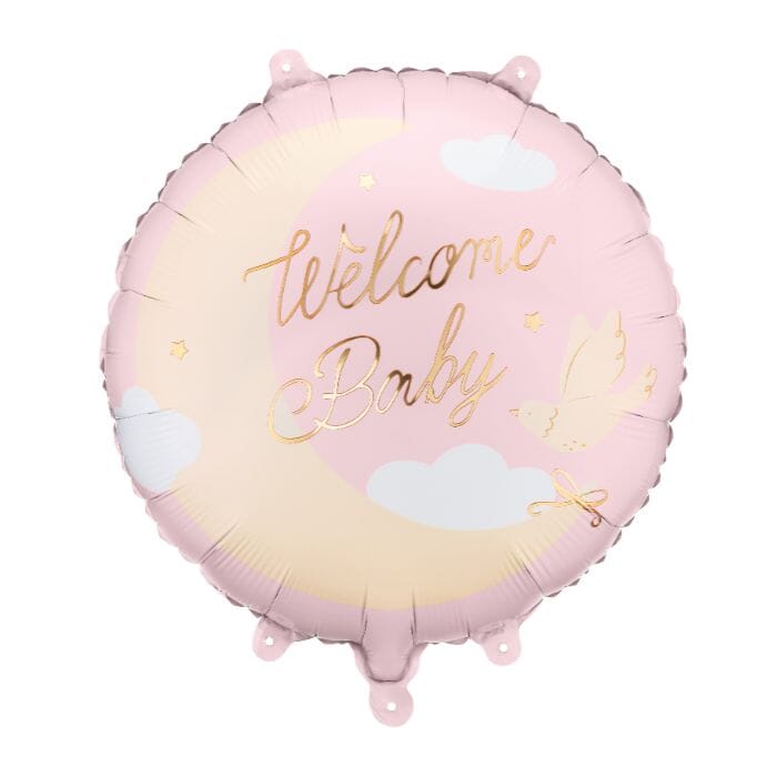 Фолиев балон с надпис Welcome Baby в светлорозов цвят, размер 35 x 35 см, подходящ за пълнене с въздух или хелий, идеален за бебешко парти, изписване и украса за новородено момченце, Emotionsfactory.bg