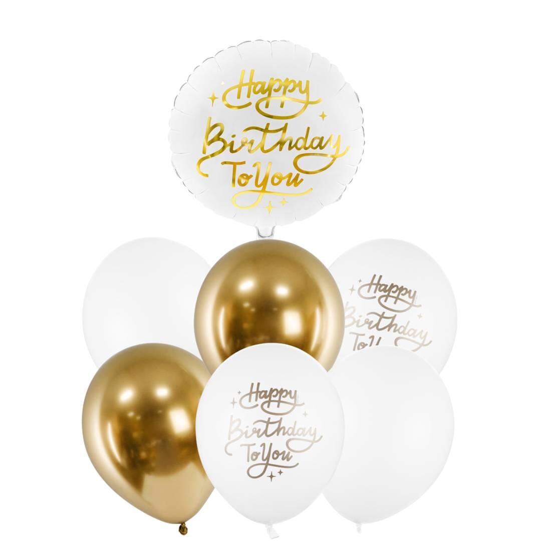 Букет От Балони с Хелии "Happy Birthday To You"  в Бял и Златен Цвят Със Златен Надпис За Рожден Ден, Emotions Factory