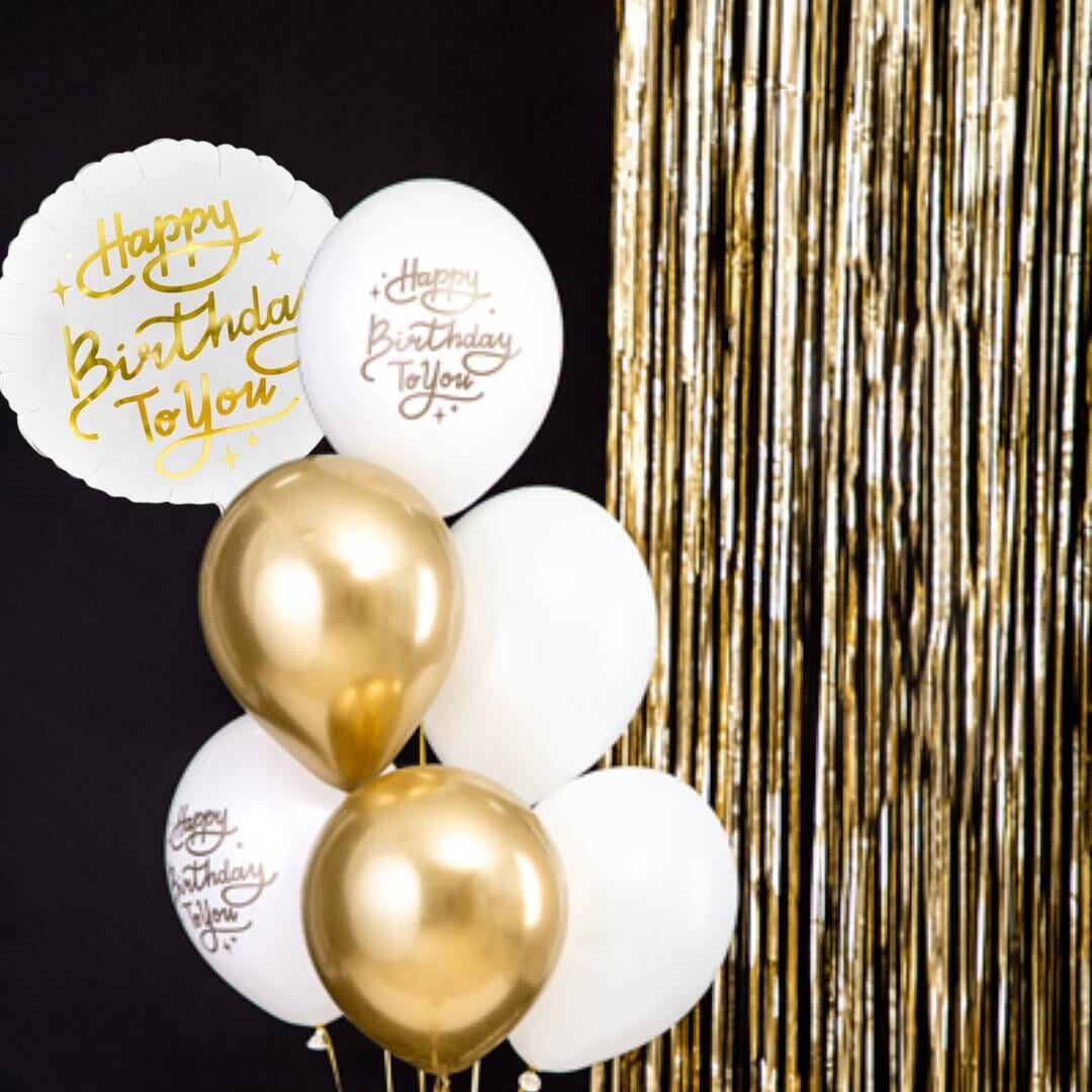 Букет От Балони с Хелии "Happy Birthday To You"  в Бял и Златен Цвят Със Златен Надпис За Рожден Ден, Emotions Factory