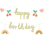 Парти банер "Happy Birthday", 100x18 см, цветен дизайн с череши, дъги и сърца, лесен за сглобяване, перфектен за рождени дни и тематични партита, Emotions Factory.