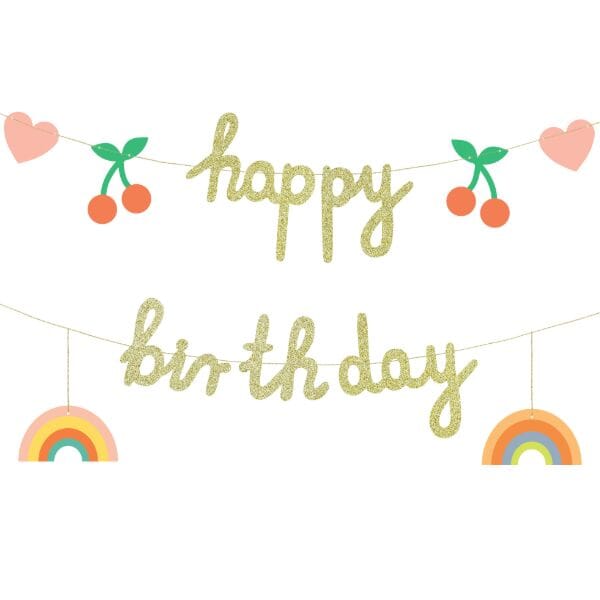 Парти банер "Happy Birthday", 100x18 см, цветен дизайн с череши, дъги и сърца, лесен за сглобяване, перфектен за рождени дни и тематични партита, Emotions Factory.