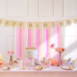 Филцов банер "Happy Birthday", с цветя,бежов, 3 м, елегантен и стилен, подходящ за рождени дни на малки и големи, Emotions Factory.