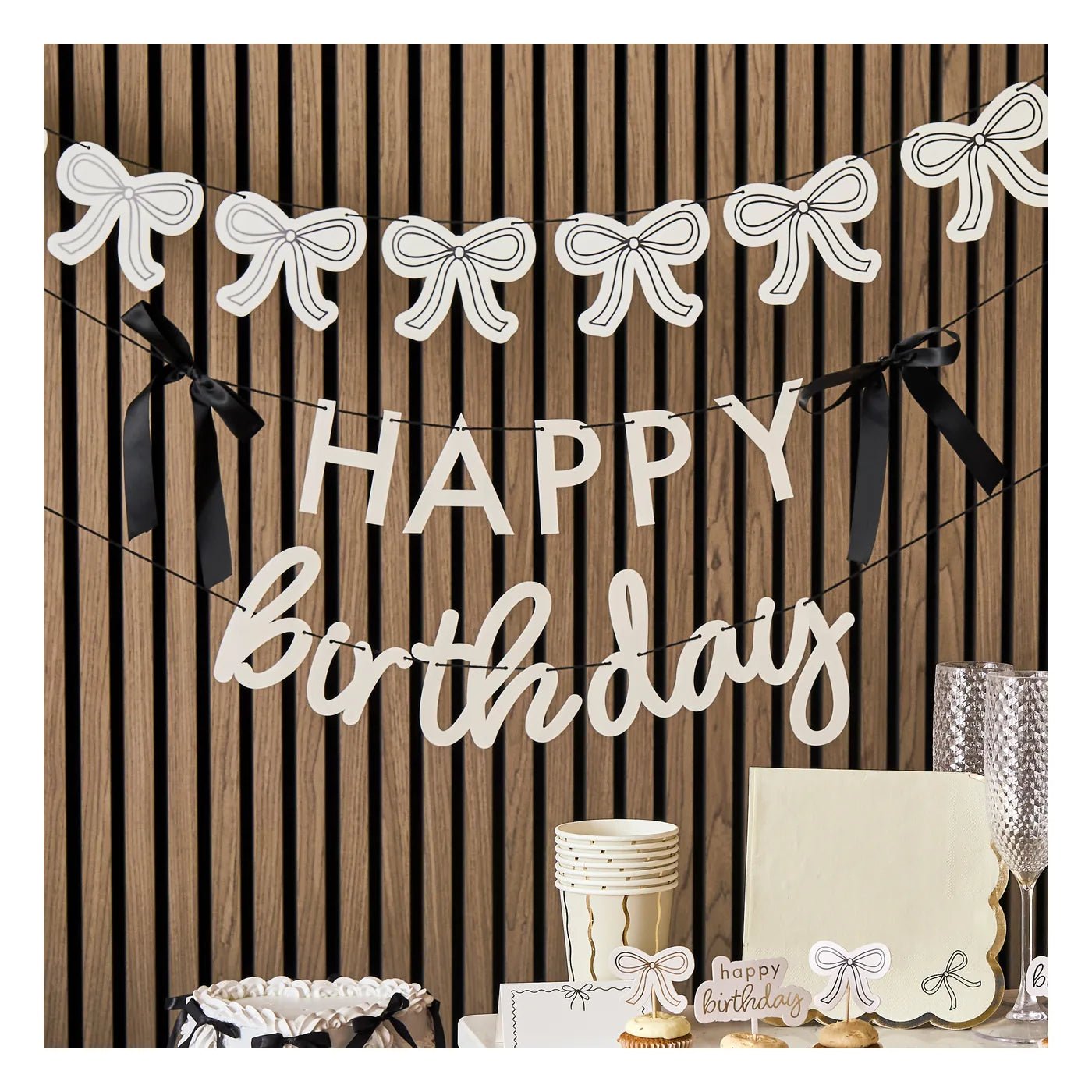 "Happy Birthday" banner with black satin ribbons (2 x 2m.)