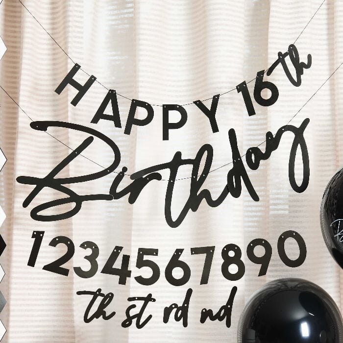 Банер "Happy birthday" за персонализиране в черен цвят за украса за рожден ден, Emotions factory