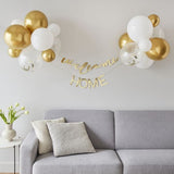 Комплект за украса с надпис „Welcome Home“ и балони в бяло, златно и конфети, дължина 4 м, подходящ за посрещане на новородено или любим човек, Emotions Factory.