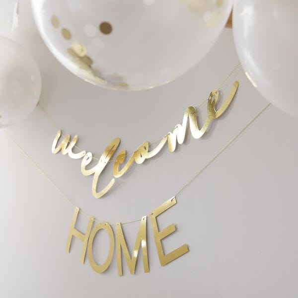 Комплект за украса с надпис „Welcome Home“ и балони в бяло, златно и конфети, дължина 4 м, подходящ за посрещане на новородено или любим човек, Emotions Factory.