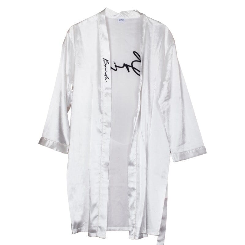 Идеи за Моминско Парти - Бял Сатенен Халат с Бродиран Надпис"Bride" 