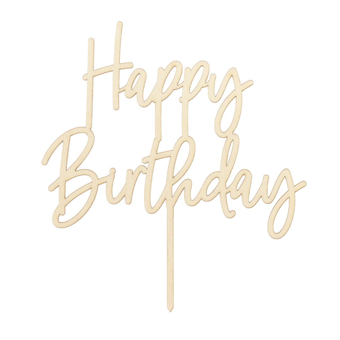 Дървен топер Happy Birthday с размери 15 x 16.5 см, подходящ за украса на торта за рожден ден, изработен от естествен дървен материал, Emotions Factory.