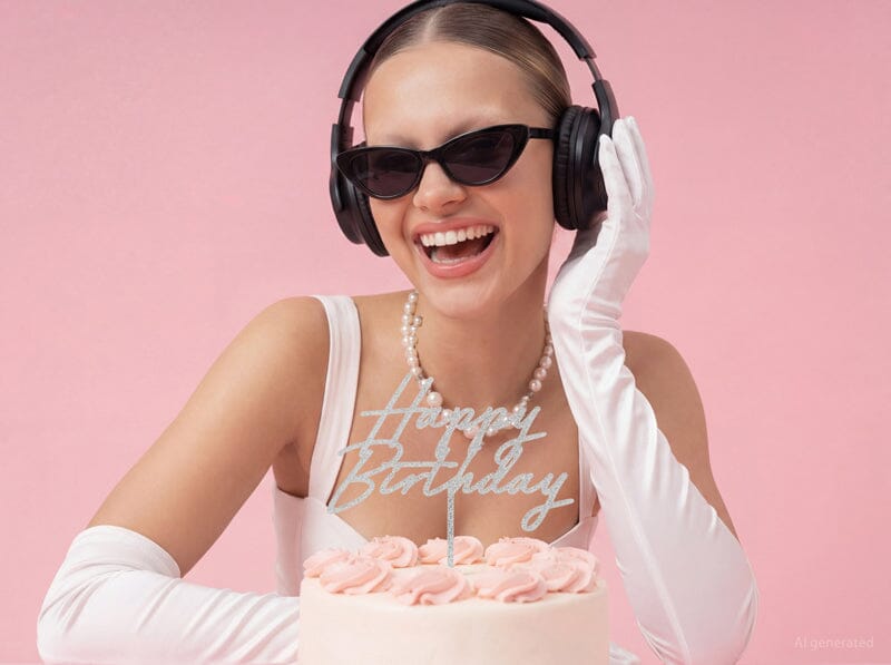 Топер за торта "Happy Birthday" - акрил, сребърен брокат (18 х 16,5см)