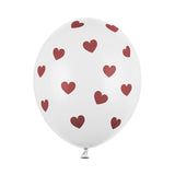 White latex balloons with red hearts (5pcs/pack)