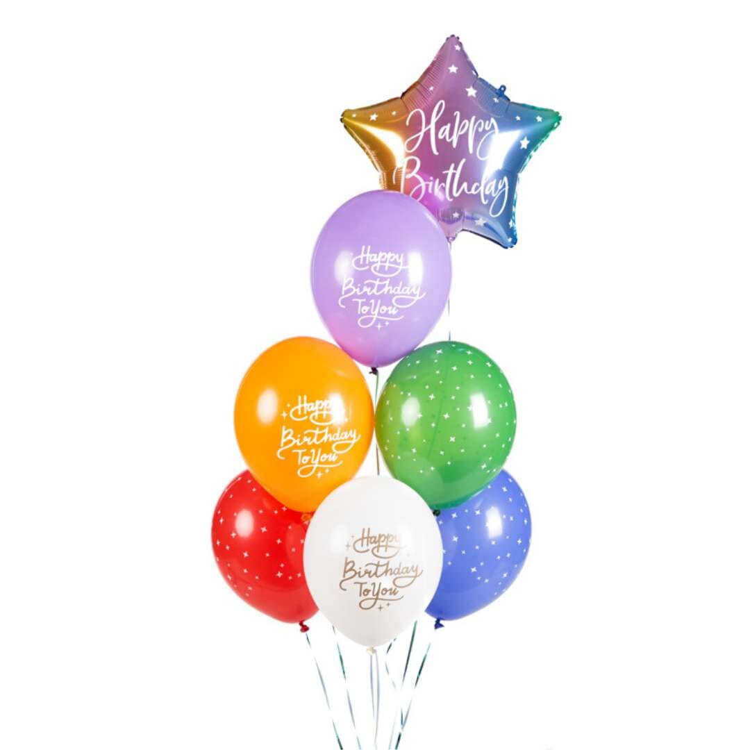 Букет от балони микс "Happy Birthday To You", 7 броя, с фолиев многолцветен балон звезда и тематични латексови балони, идеален за рождени дни, Emotions Factory.