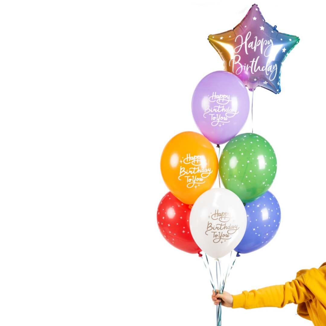 Букет от балони микс "Happy Birthday To You", 7 броя, с фолиев многолцветен балон звезда и тематични латексови балони, идеален за рождени дни, Emotions Factory.