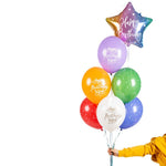 Букет от балони микс "Happy Birthday To You", 7 броя, с фолиев многолцветен балон звезда и тематични латексови балони, идеален за рождени дни, Emotions Factory.
