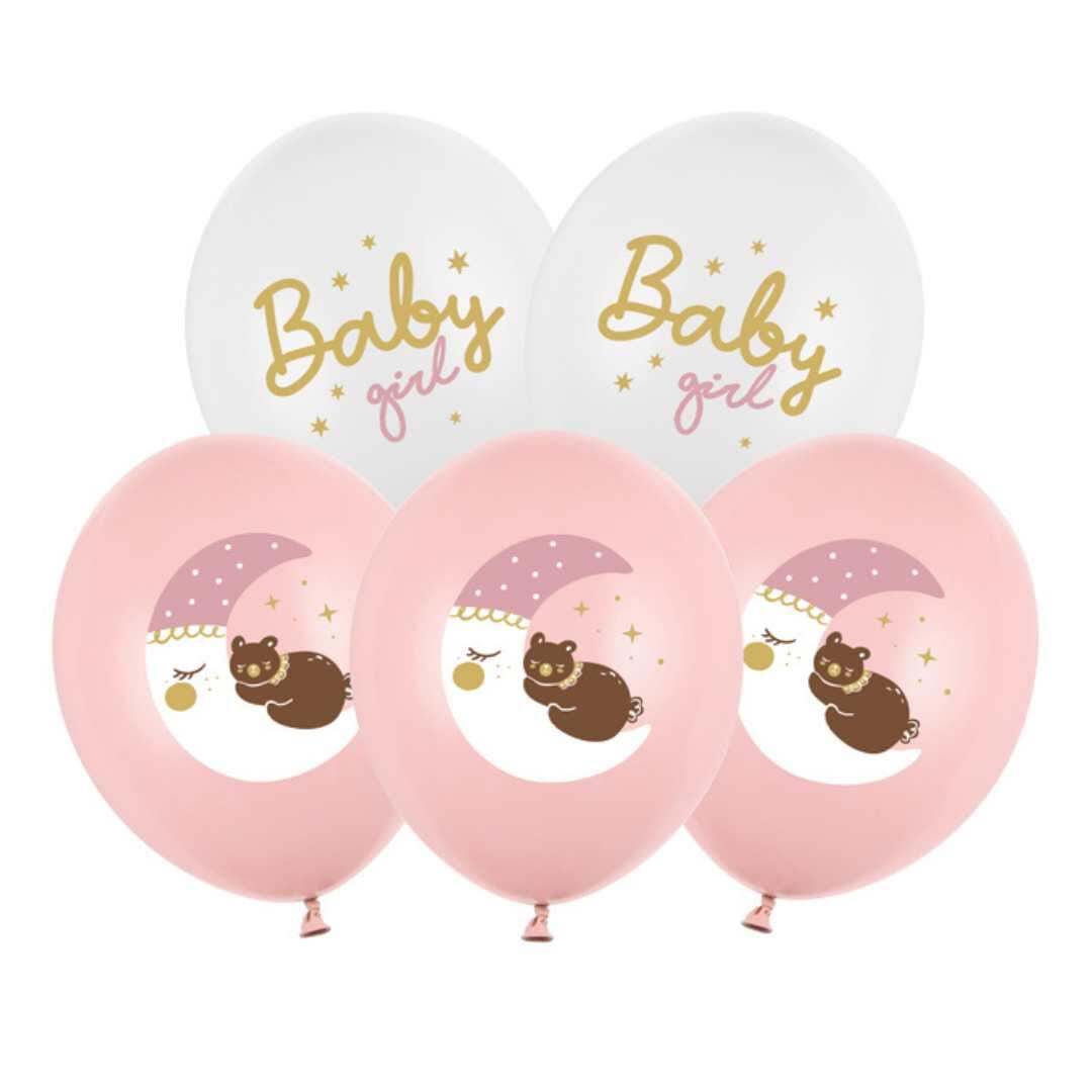 Латексови Балони в Розово и Бяло Мече с Луна и Надпис Baby Girl, Emotions Factory