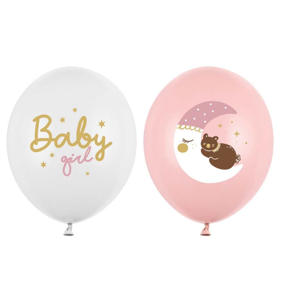 Латексови Балони в Розово и Бяло Мече с Луна и Надпис Baby Girl, Emotions Factory