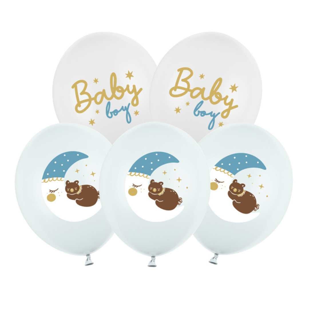 Латексови Балони в Синьо и Бяло Мече с Луна и Надпис Baby Boy, Emotions Factory