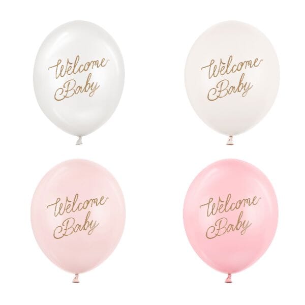 Латексови балони Welcome Baby в розови нюанси със златен надпис, комплект, подходящи за бебешко парти и изписване на момиче, Emotions Factory.