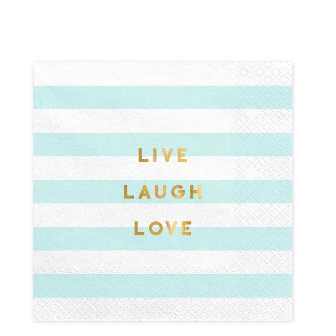 Хартиени салфетки Yummy в светлосиньо и бяло, 33x33 см, със златист надпис Live Laugh Love, комплект от 20 броя, идеални за празнични събития, сватби и тематични партита, Emotions Factory.