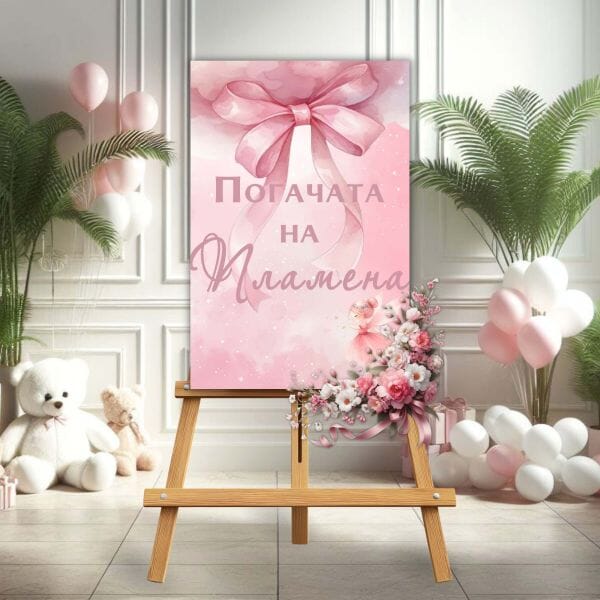 Правоъгълно табло в розово с панделка и фея  – стилна декорация за бебешки и детски партита на момиче, Emotions Factory.
