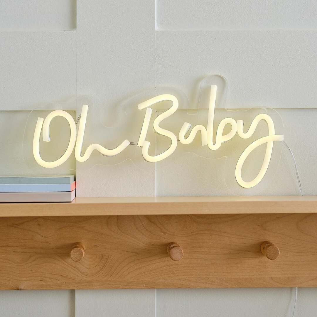 Неонов надпис Oh Baby бял 34x17 см – декорация за бебешко парти и бебешка стая, Emotions Factory