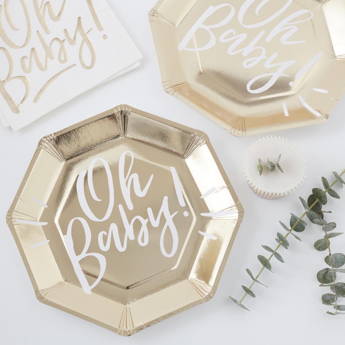 Парти Аксесоари | Бебешко Парти | Златни Парти Чинии "Oh Baby!" | Украса за Baby Shower | Украса за Бебешко Парти | Парти Артикули | Baby Shower